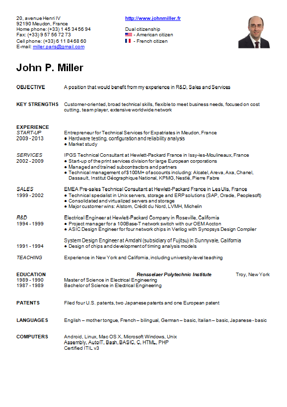 Image of John Miller's résumé or curriculum vitae (CV) in English