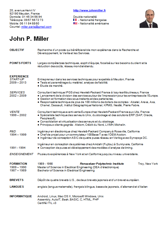 Image du curriculum vitae de John Miller en français